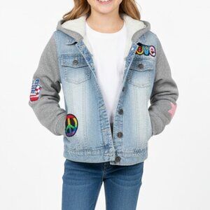 Vigoss Girls Hooded Denim Jacket Size 10 Patches Sherpa Lined Mixed Media